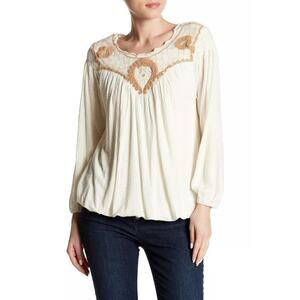 Free People Begonia Ivory Sand Embroidered Boho Peasant‎ Top Womens Size S